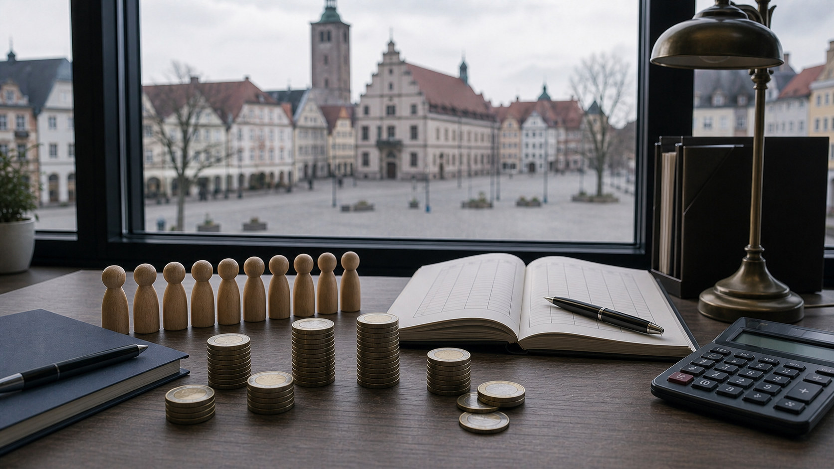 Holzfiguren, Euromünzen und ein Haushaltsbuch auf einem Schreibtisch mit einer deutschen Altstadt im Hintergrund
