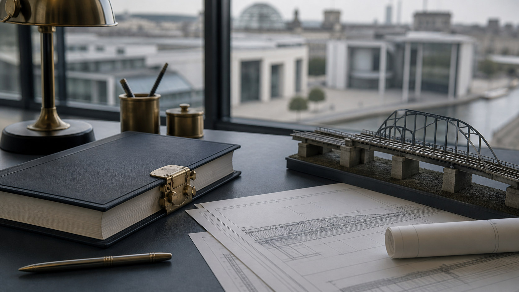 A clasped budget ledger beside infrastructure plans and a bridge model in a Berlin finance office