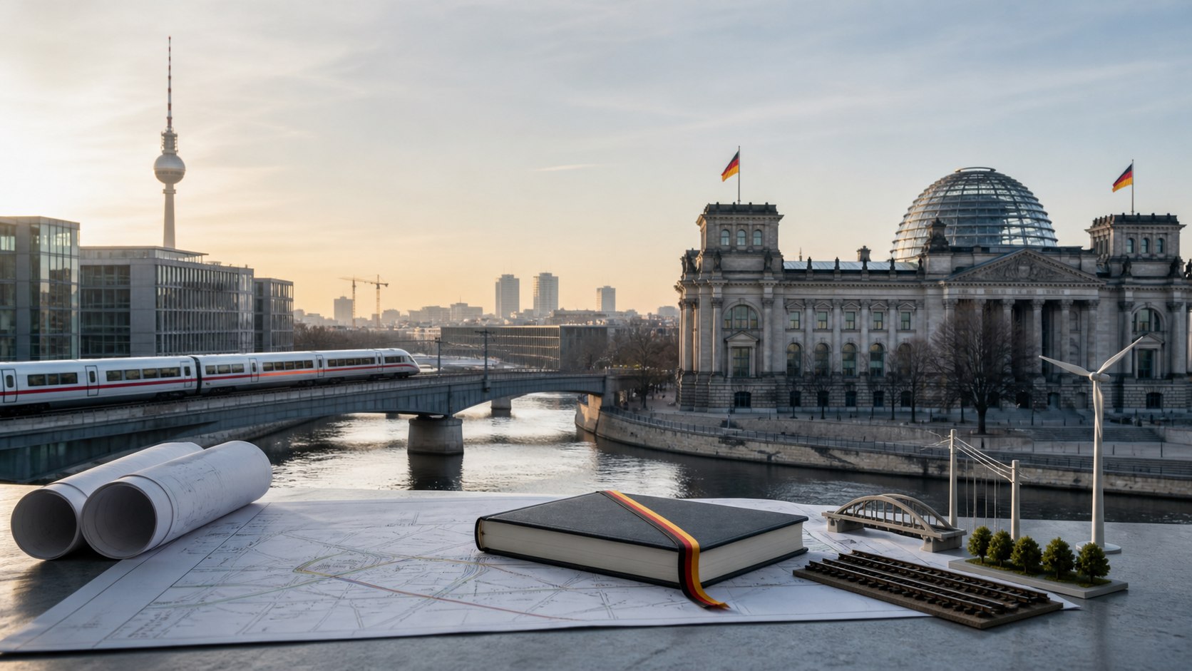 Editorial composite about Germany’s debt brake showing the Reichstag, a railway, infrastructure plans and models of a bridge and wind turbine