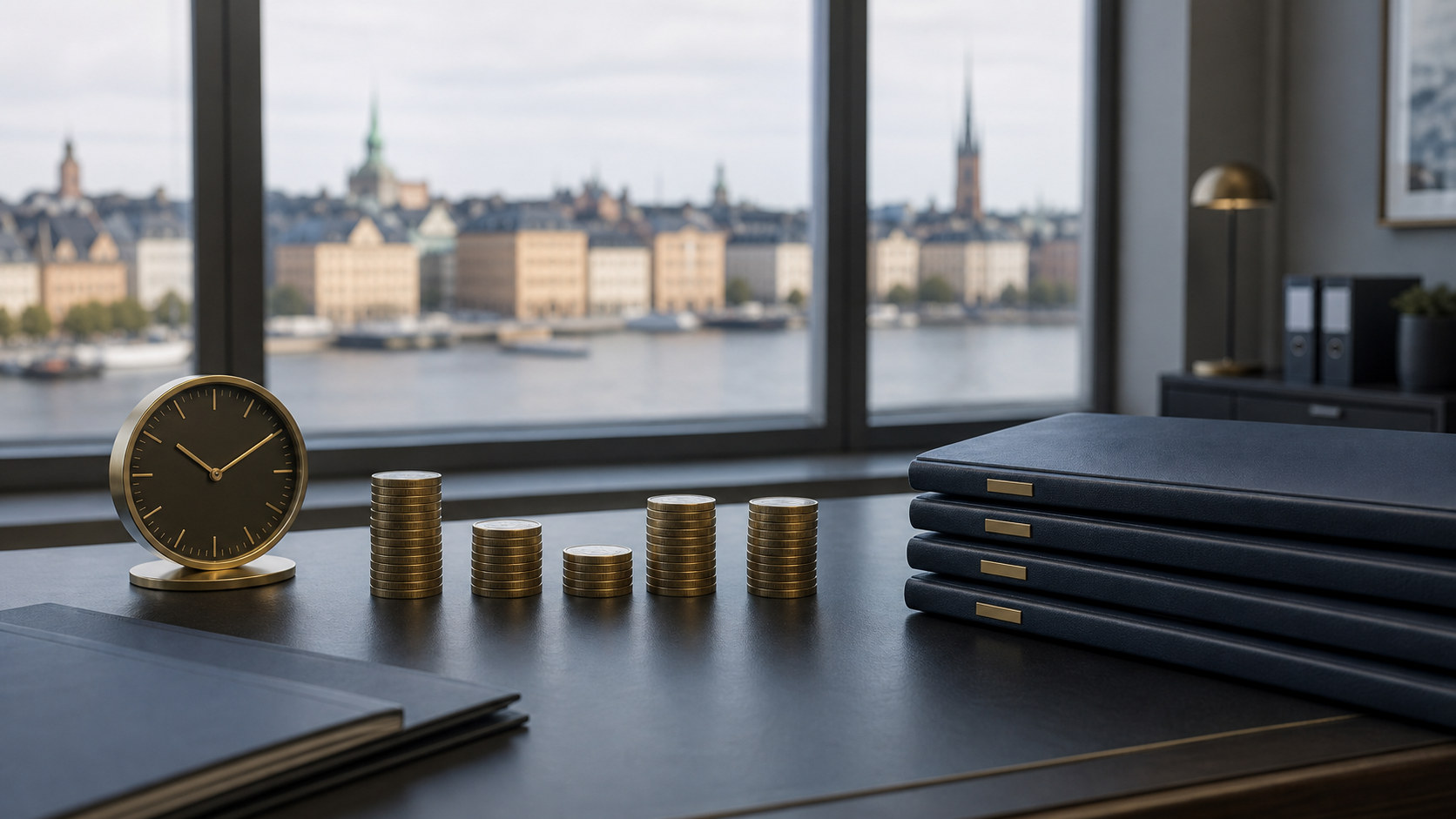 Stockholm finance desk with quarterly debt folders, a clock and uneven coin stacks