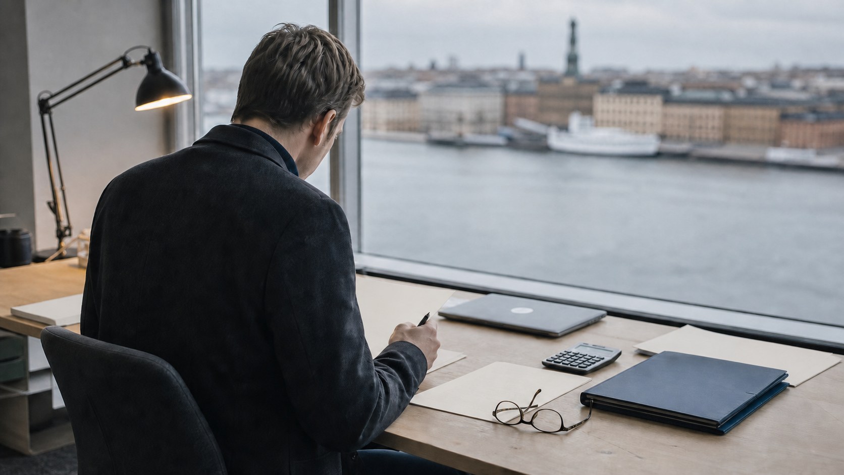 Public-finance analyst reviewing documents beside a window overlooking Stockholm
