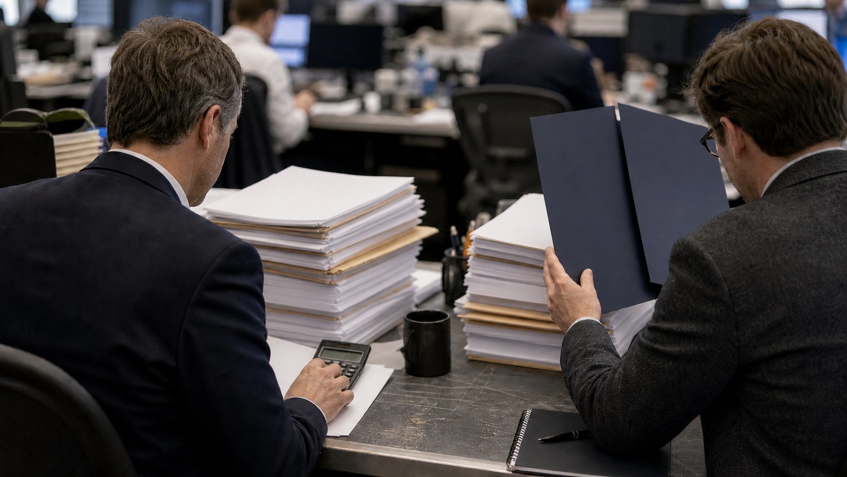 Two sovereign-bond analysts comparing large stacks of government borrowing documents