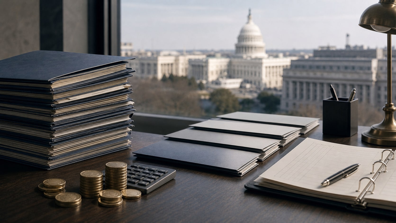 Stapel von Finanzierungsunterlagen, Münzen und ein Taschenrechner auf einem Schreibtisch mit dem US-Kapitol im Hintergrund